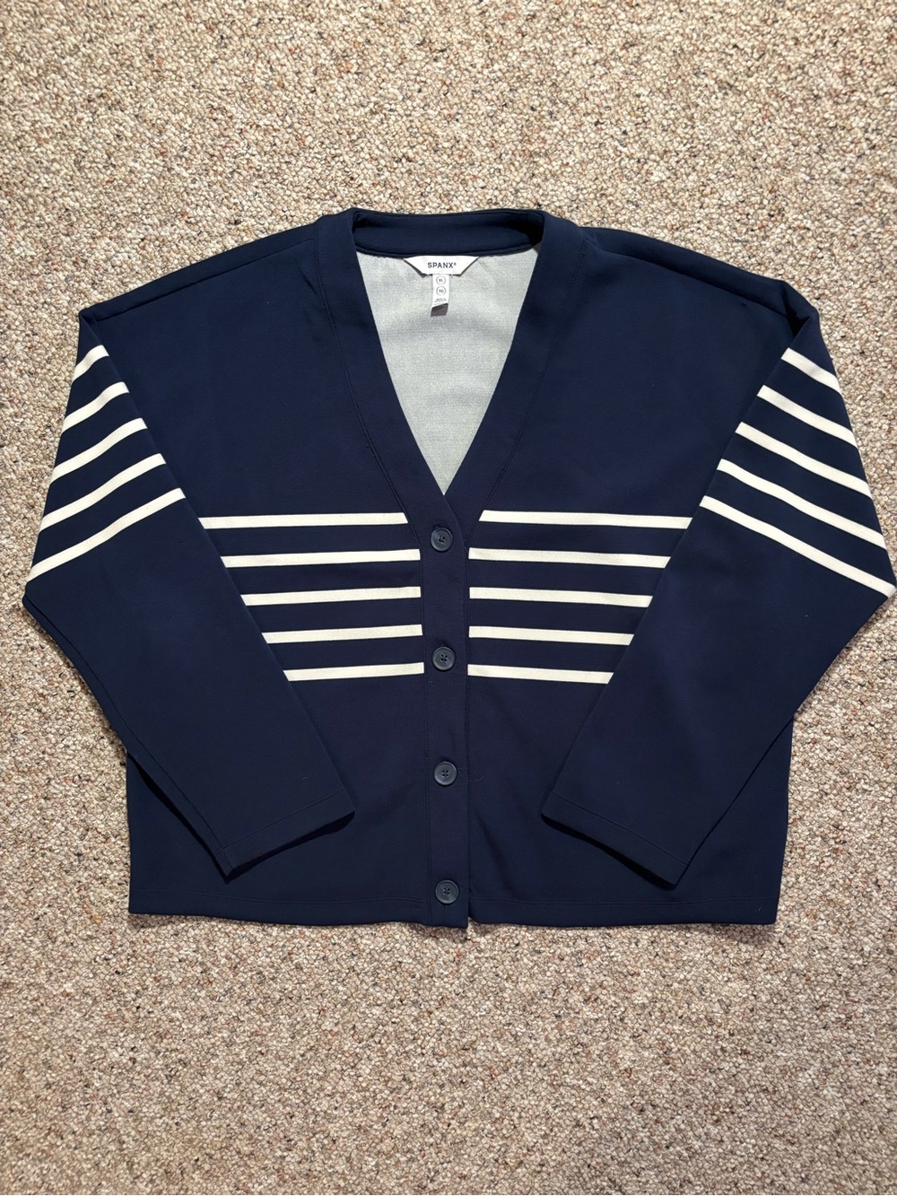 Spanx Navy Stripe V-Neck Button Cardigan Sweater - Picture 2 of 10